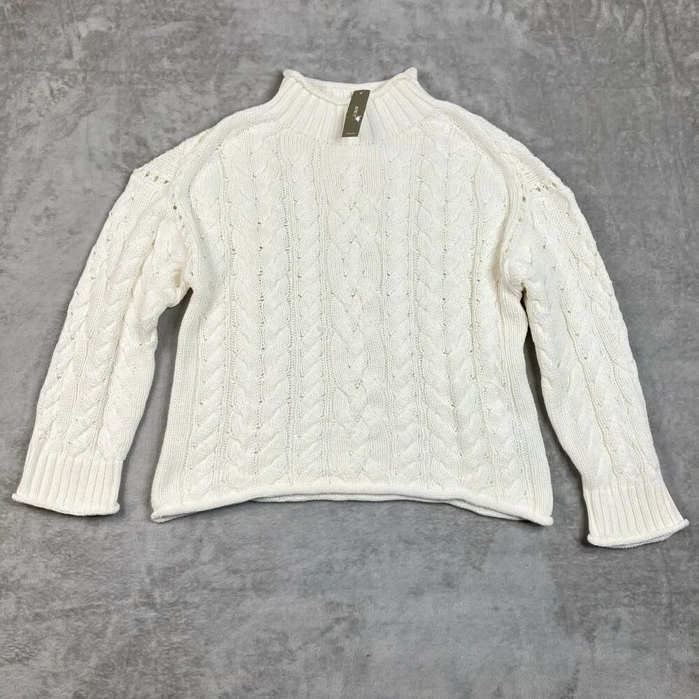 J Crew 2025 Rollneck Cableknit Sweater Womens XS Ivory Cotton Preppy